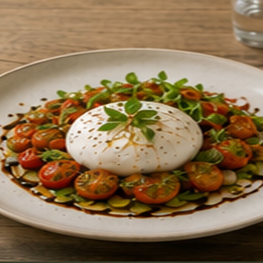 Porcelain plate of burrata with cherry tomatoes and balsamic