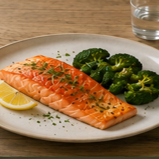 Cream porcelain plate with grilled salmon, broccoli and lemon