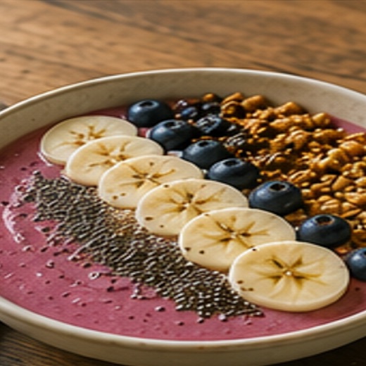 Ceramic bowl with berry smoothie, banana, blueberries and granola