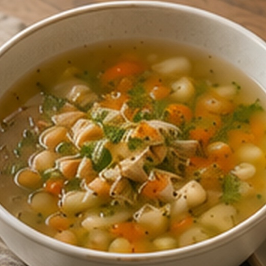 White ceramic bowl of chicken vegetable soup