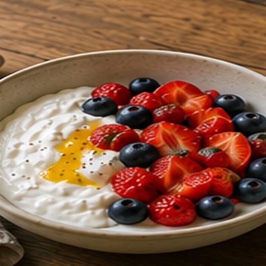 Porcelain bowl of Greek yogurt with strawberries and blueberries