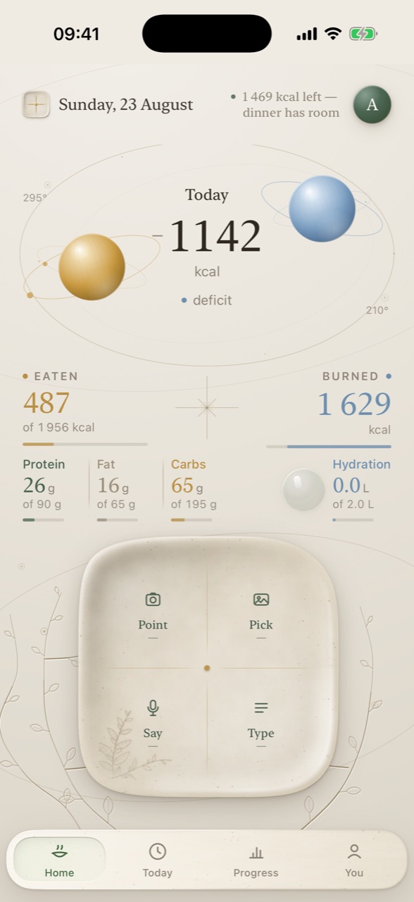 N-Companion home screen: today's calorie balance shown as an orbital dial, macro progress, and a ceramic plate with Point, Pick, Say and Type logging options