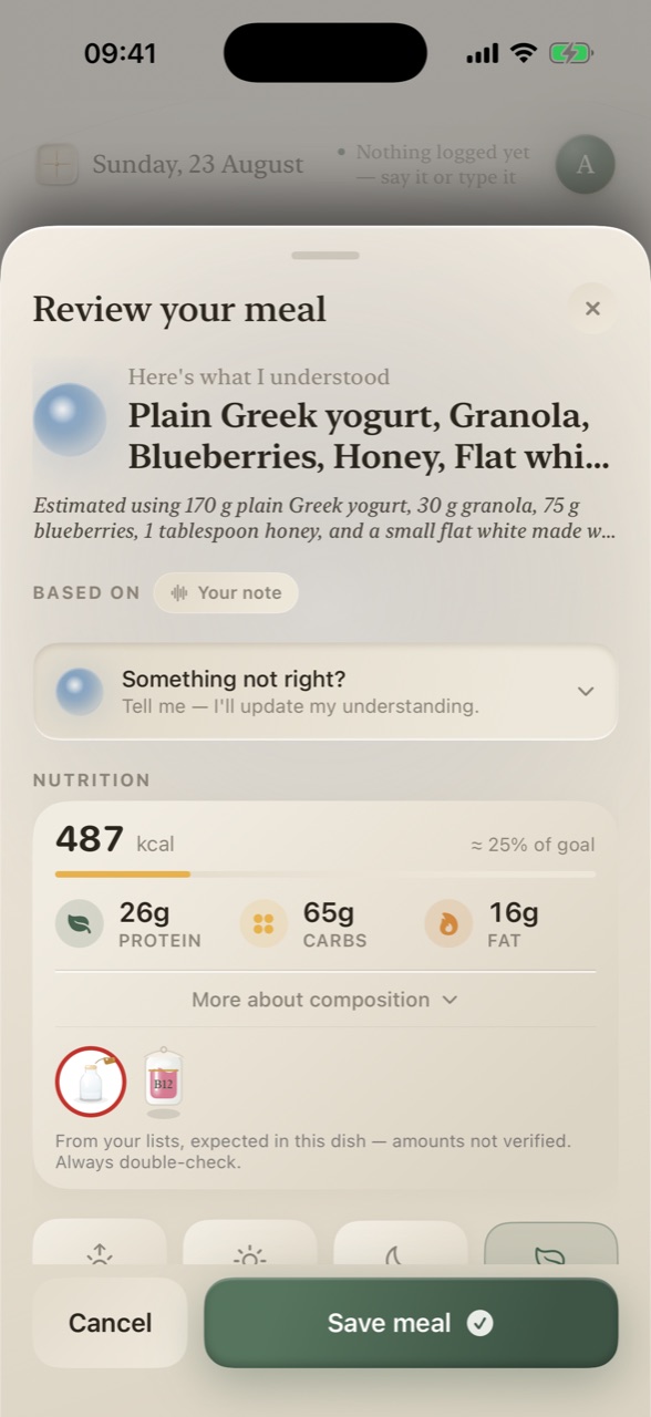 Review your meal screen: the AI explains it understood Greek yogurt, granola, blueberries, honey and a flat white — 487 kcal with macros, and allergy flags from your lists