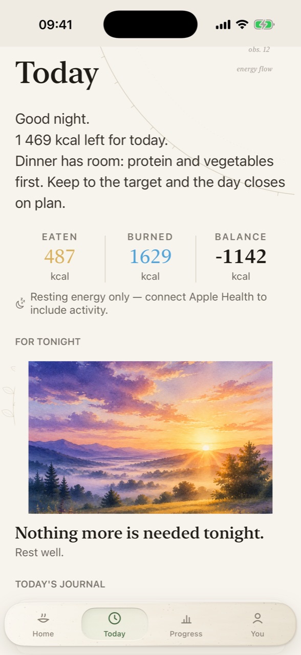 Today screen: a journal-style daily summary with eaten, burned and balance figures, a calm watercolor, and the Companion's advice for tonight